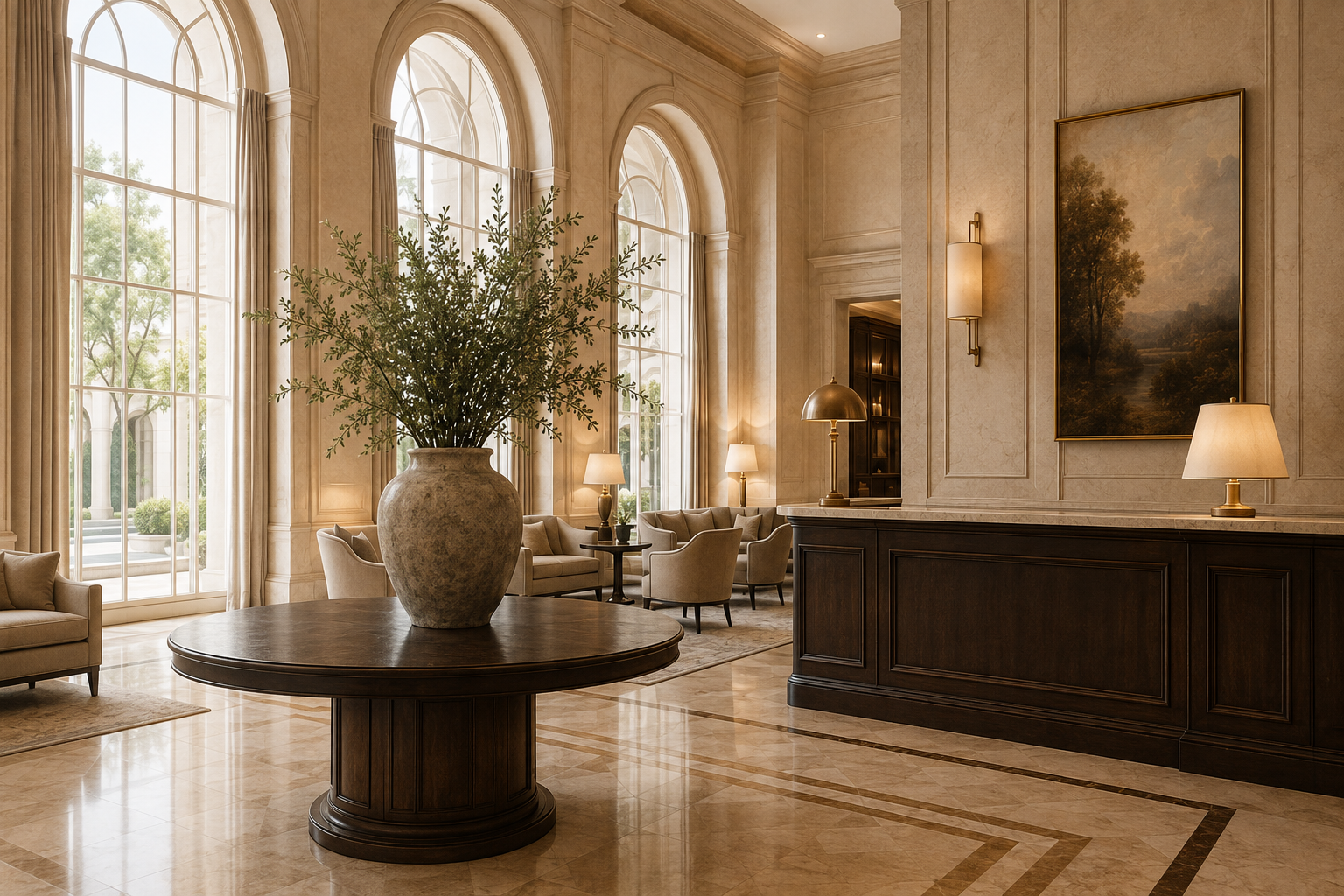 Elegant luxury hotel lobby with arched windows and dark wood reception